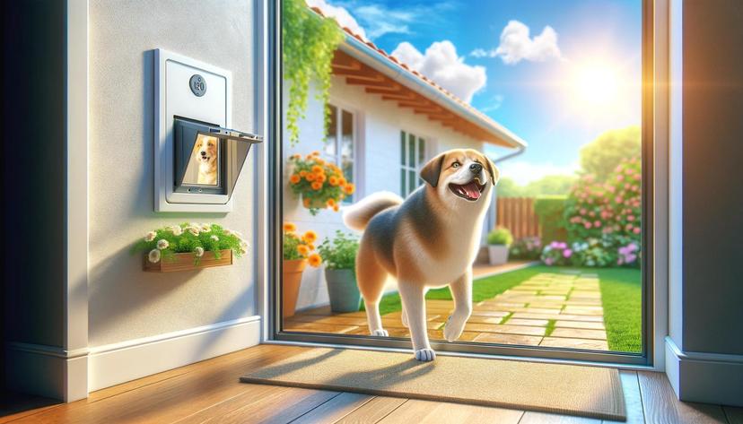 Happy Dog walking through a smart pet door